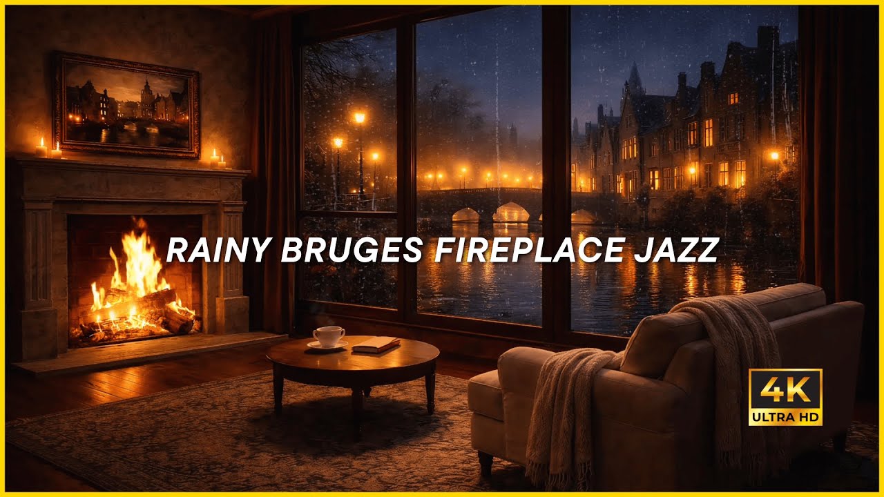 RAINY BRUGES FIREPLACE JAZZ (4K) | Cozy Night Ambience, Canal View for Relax, Focus and Sleep