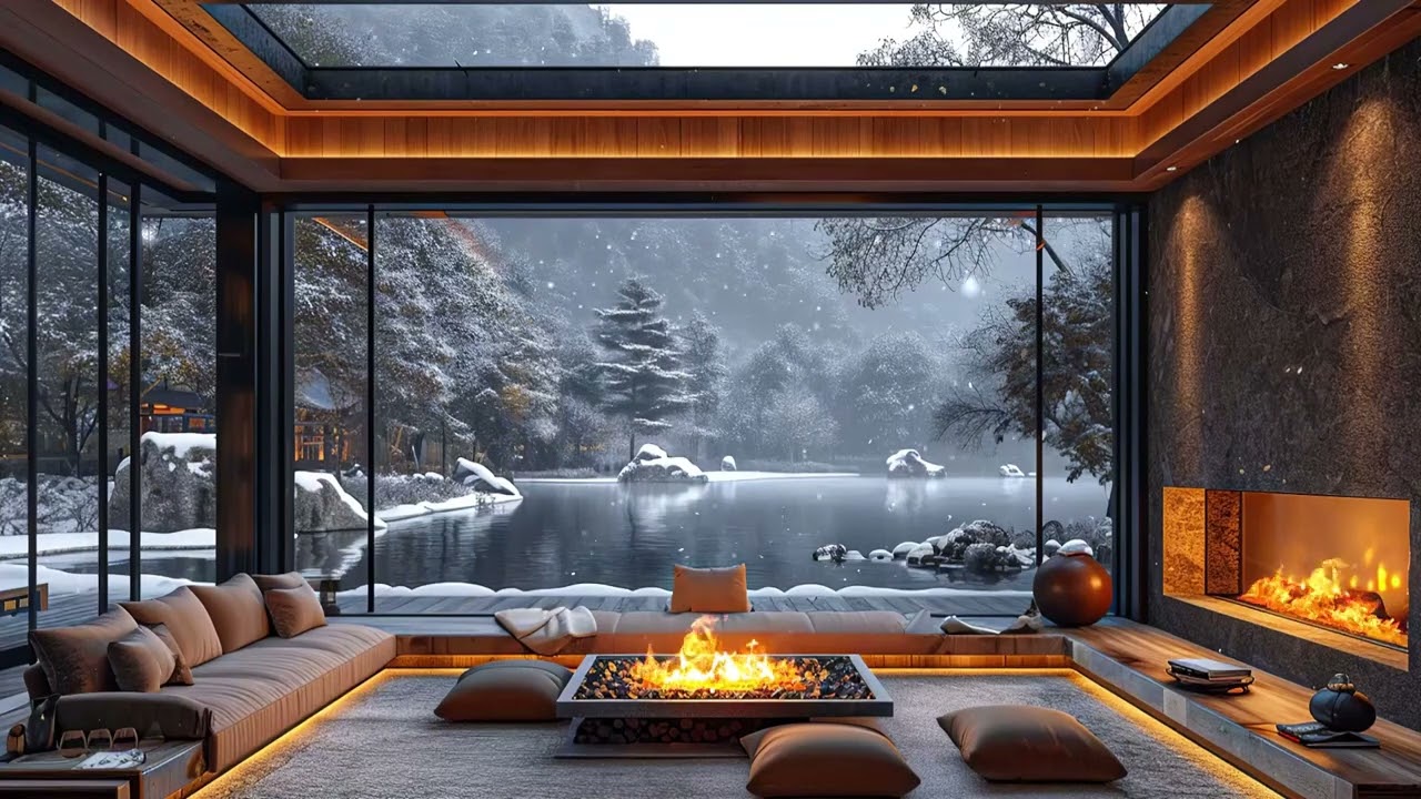 Cozy Winter Coffee Shop Ambience ☕ Smooth Jazz Music with Snow Falling & Fireplace for Relax, Study