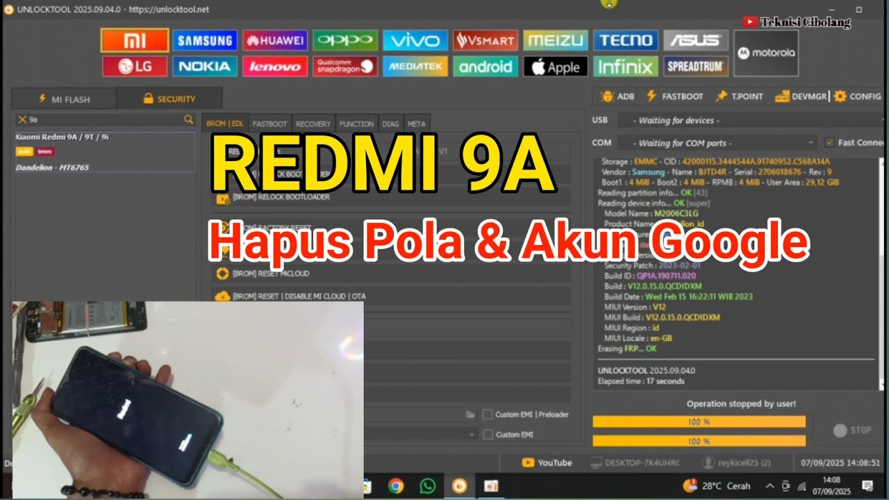 Hapus Pola dan Akun Google Redmi 9a via Unlocktool