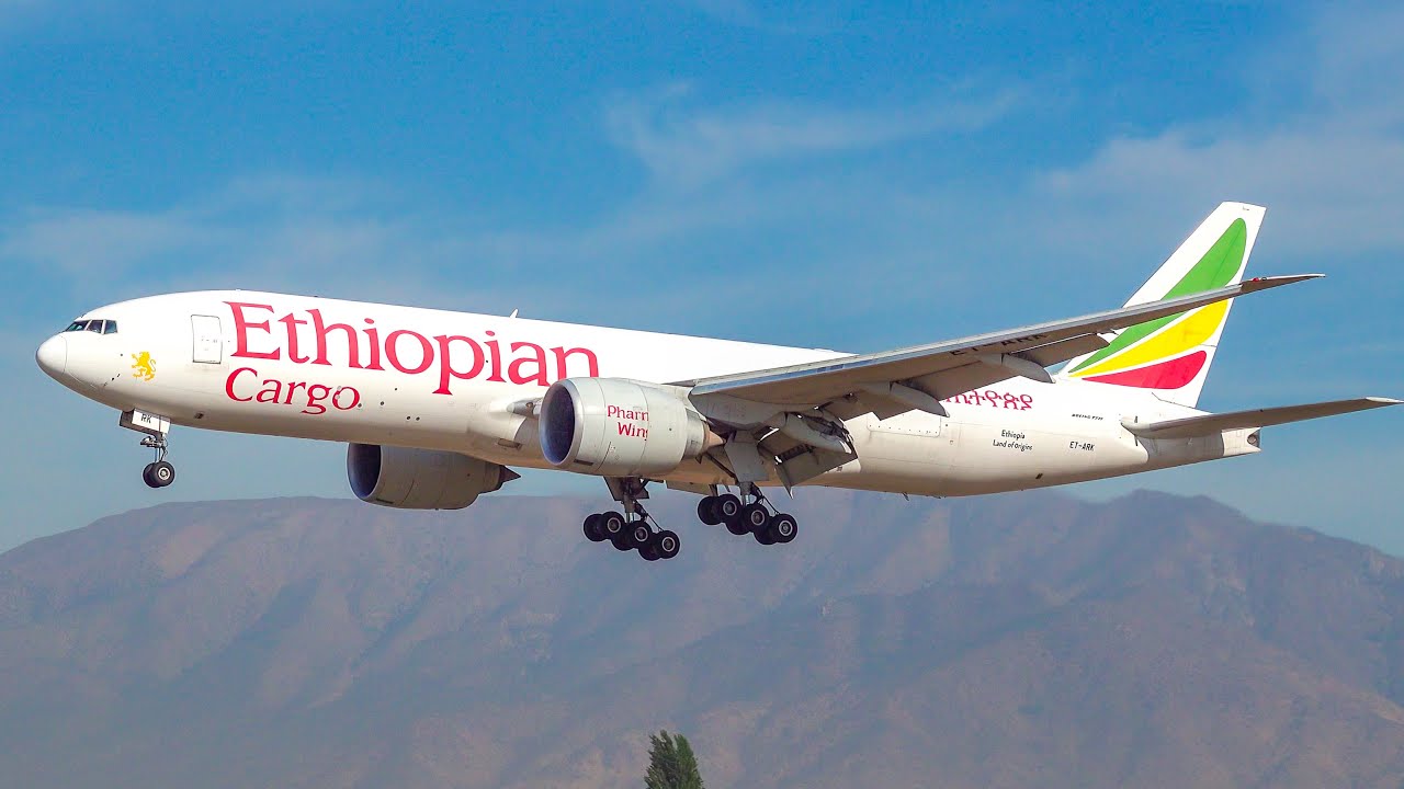 Ethiopian Cargo Boeing 777 landing in Santiago. Plane spotting at Pudahuel [SCL] airport.
