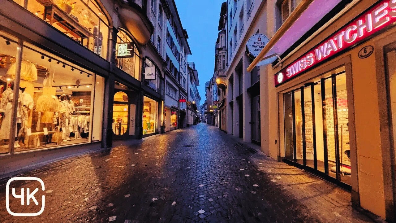 Rainy Morning Walk in Lucerne, Switzerland | Golden Hour Ambience, City Sounds & ASMR Rain | 4K UHD