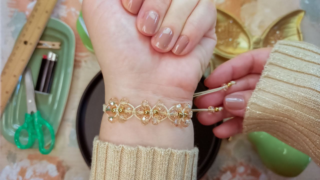 Pulsera de hilo con balines y cristales brillantes diseño fácil ✨ EASY BRACELET nudo plano