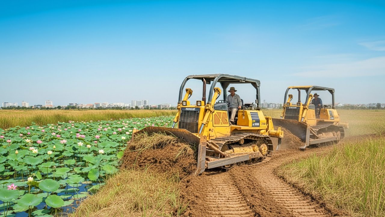 Komatsu Bulldozer Reshaping Land Near the Canal | Real Bulldozer Work | Clearing Grass by the Water