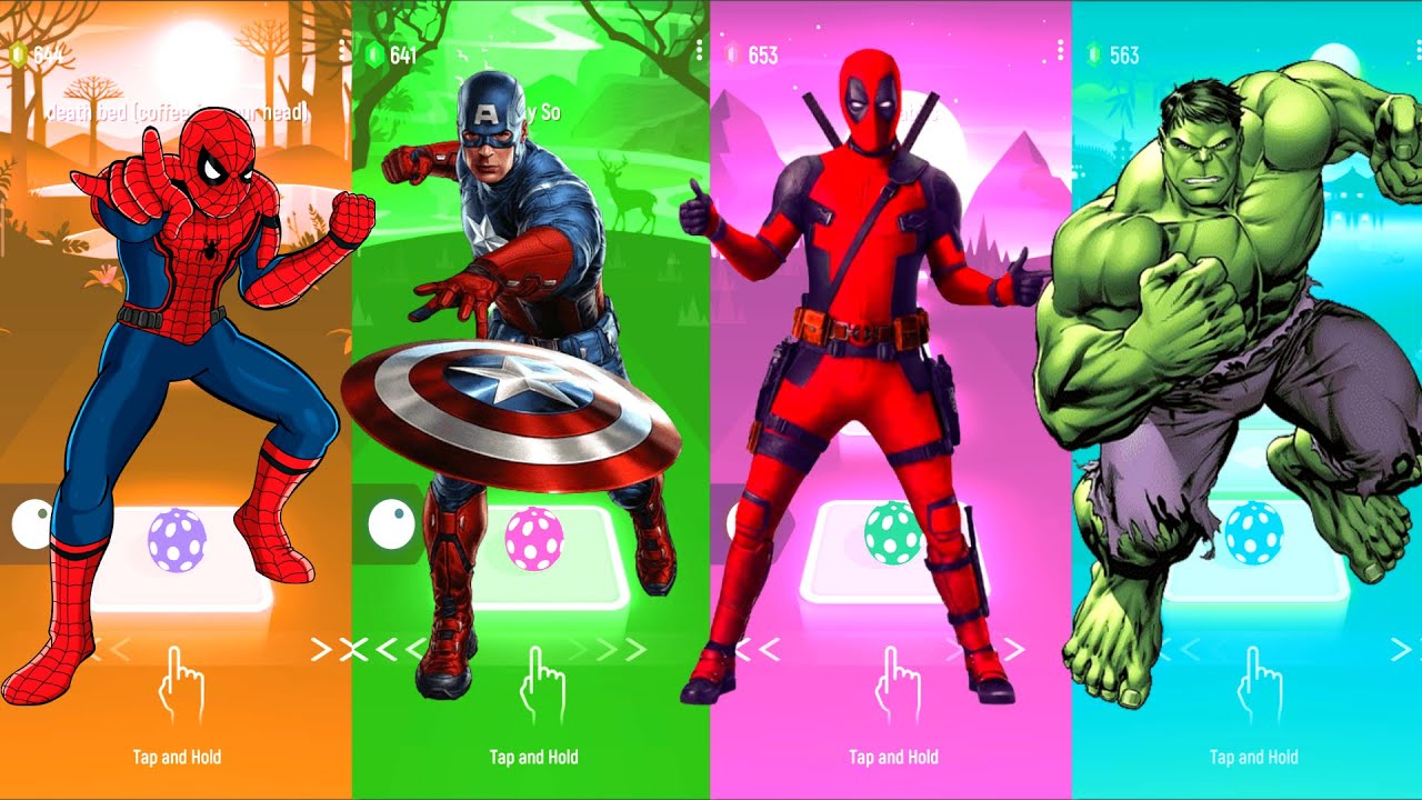 Spiderman 🆚 Captain America 🆚 DeadPool 🆚 Hulk | Marvel Heroes | Tiles Hop Fun Ball