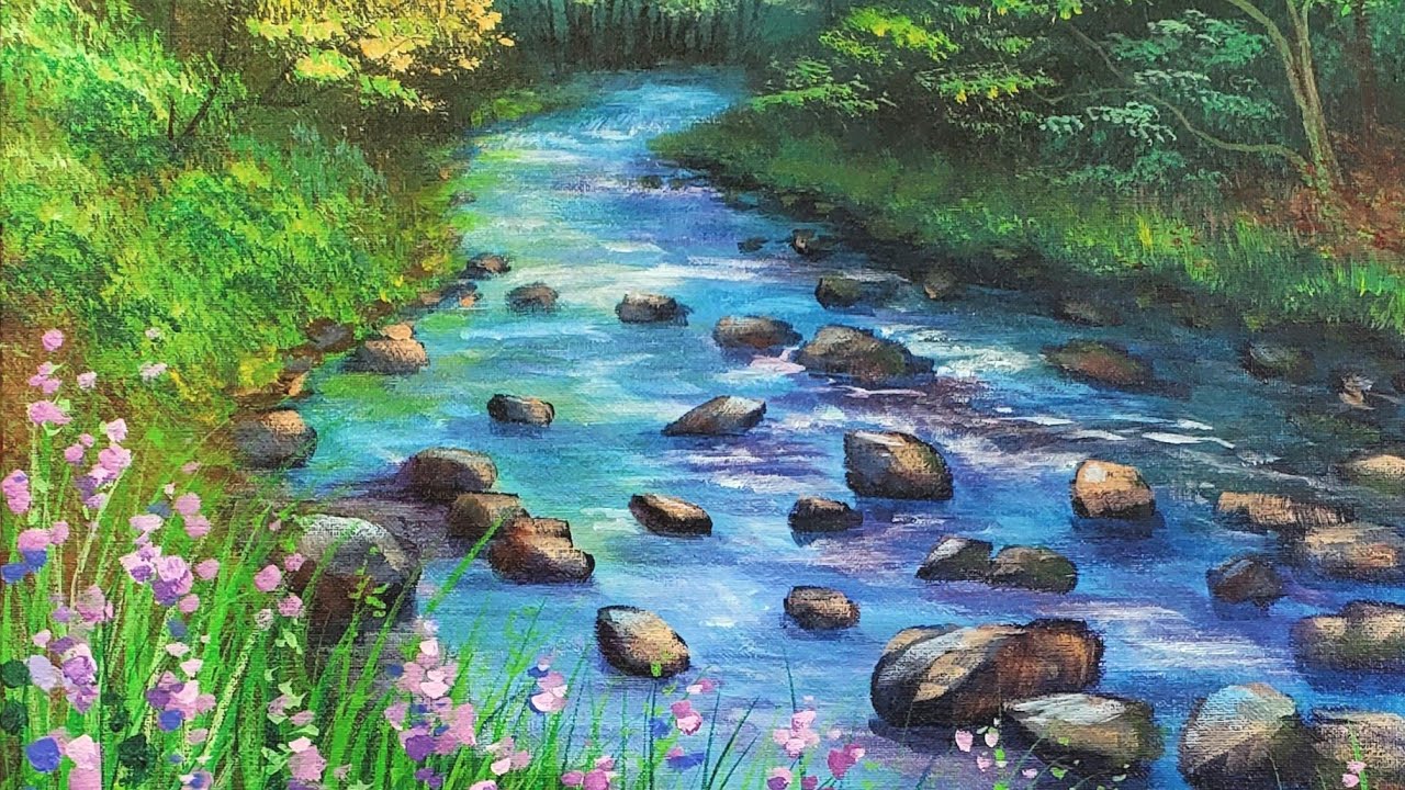 Forest Stream with Wildflowers Acrylic Painting LIVE Tutorial