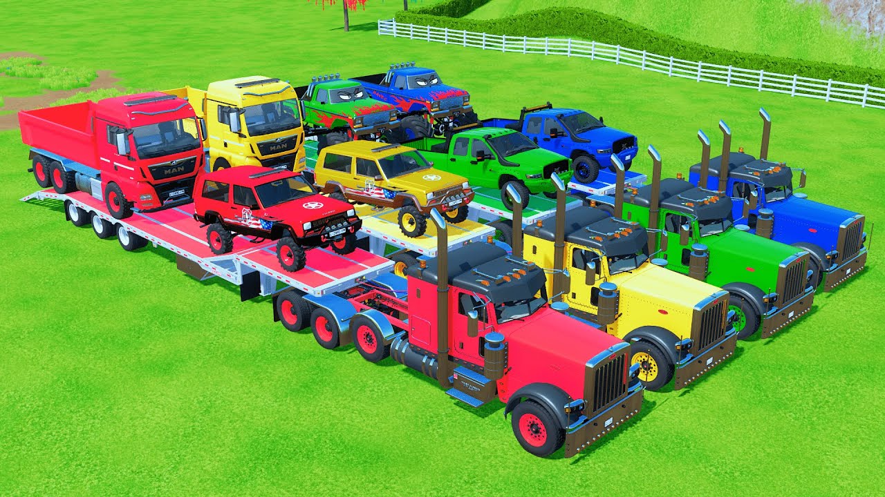 TRANSPORTING PETERBILT, MAN, TLX 3500, LIZARD, COLORFUL CARS WITH TRUCK - FS22