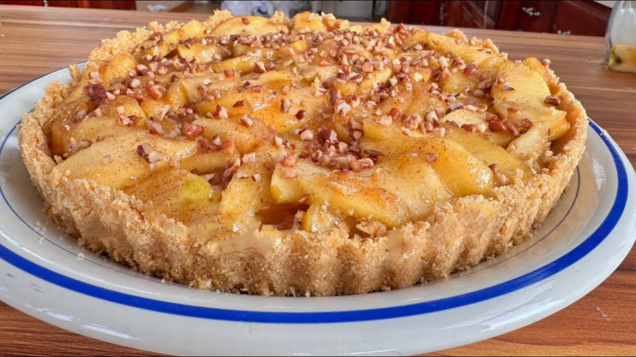 TARTA CROCANTE DE MANZANA Y NUEZ SIN HORNO!!! Postre fácil pero sabroso 🍰🍎