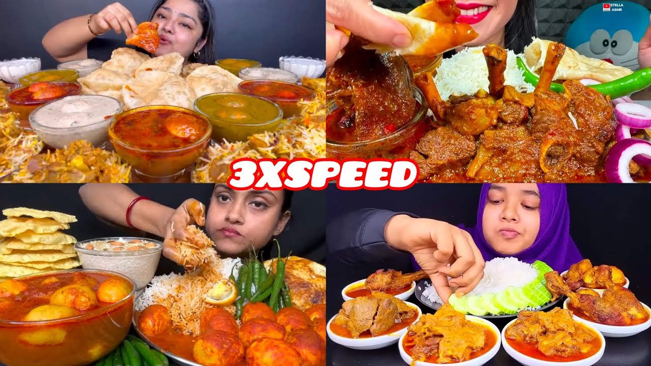 ASMR :Spicy🔥Egg Curry Mutton Nalli Curry Chicken Curry Rice Puri Papad Raita Salad Mukbang