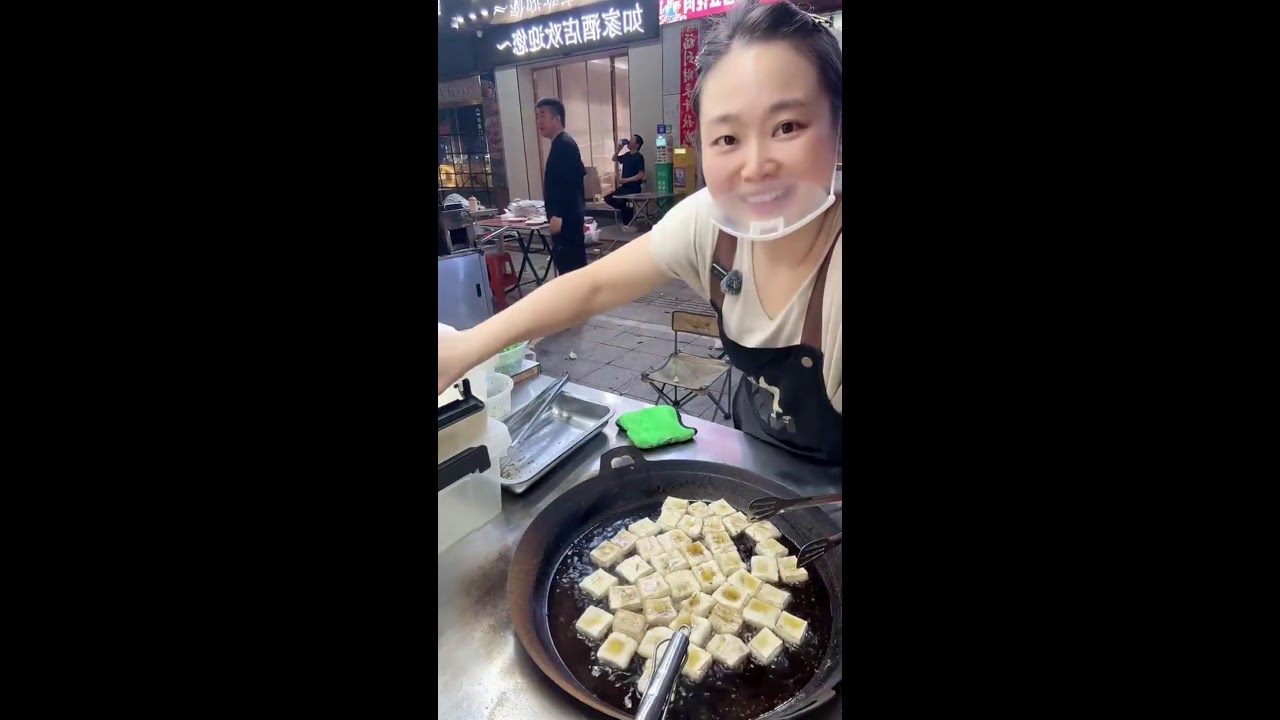 POV Pan-Fried Tofu by Female Vendor — Chinese Night Market Street Food