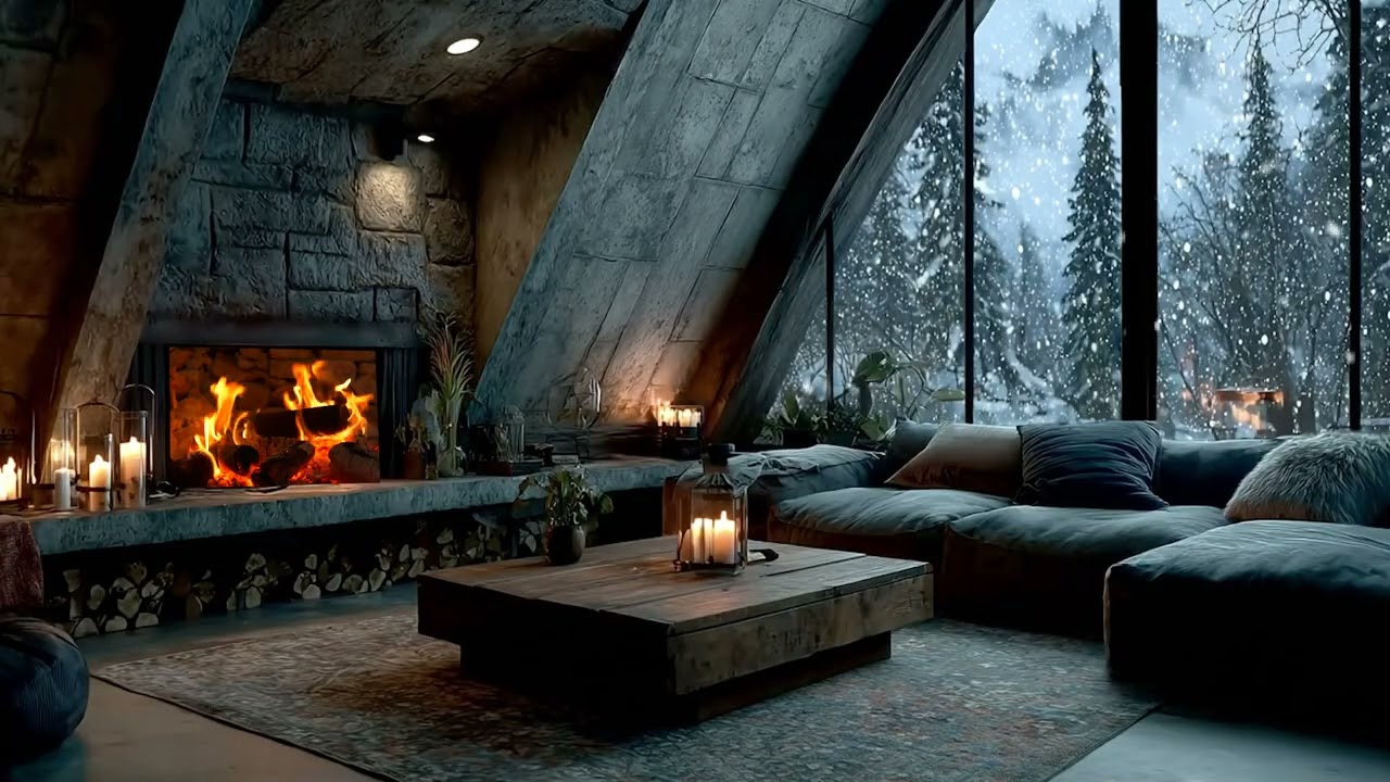 Peaceful Winter Piano Lounge ❄️ Soft Fireplace Sounds & Snowfall Ambience for Sleep & Focus