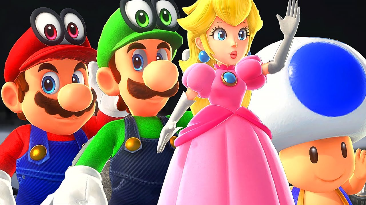 Super Mario Odyssey: Mario vs Luigi vs Peach vs Toad - Full Game (4-Player Splitscreen Race)