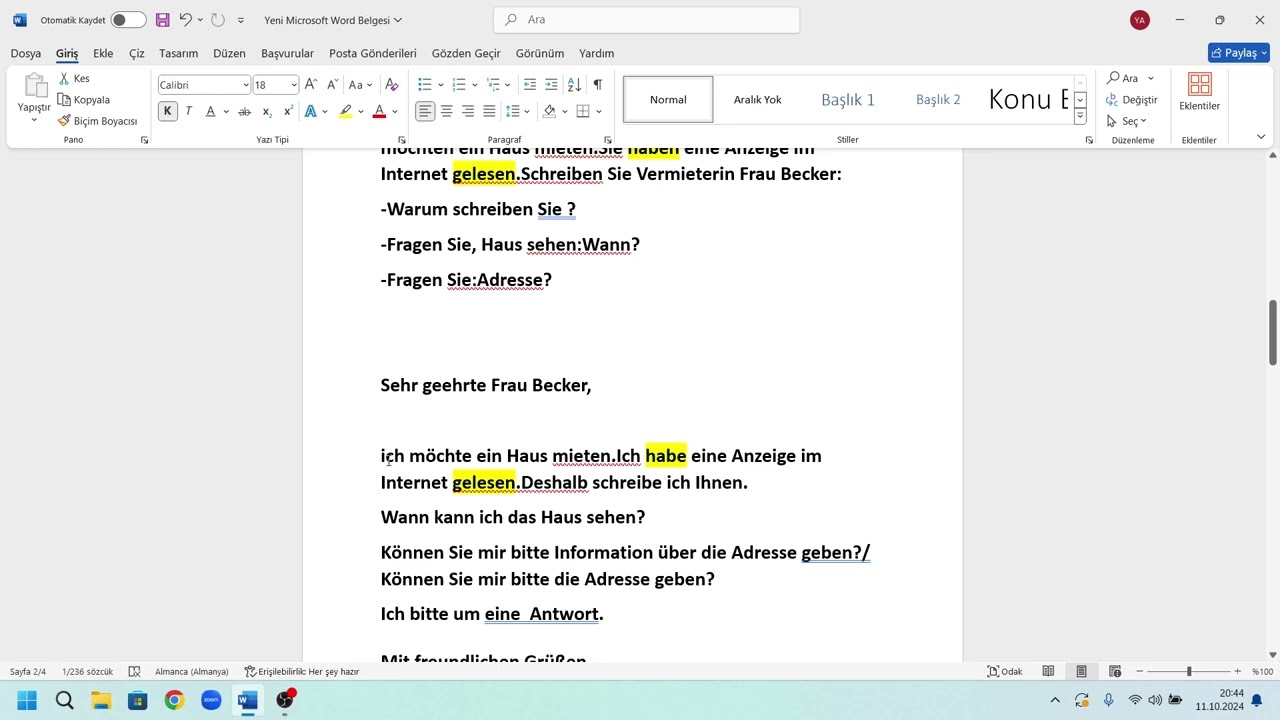 Aile Birleşimi Sınavı/Almanca A1 Sınavı Mektup Örneği 57,58,59