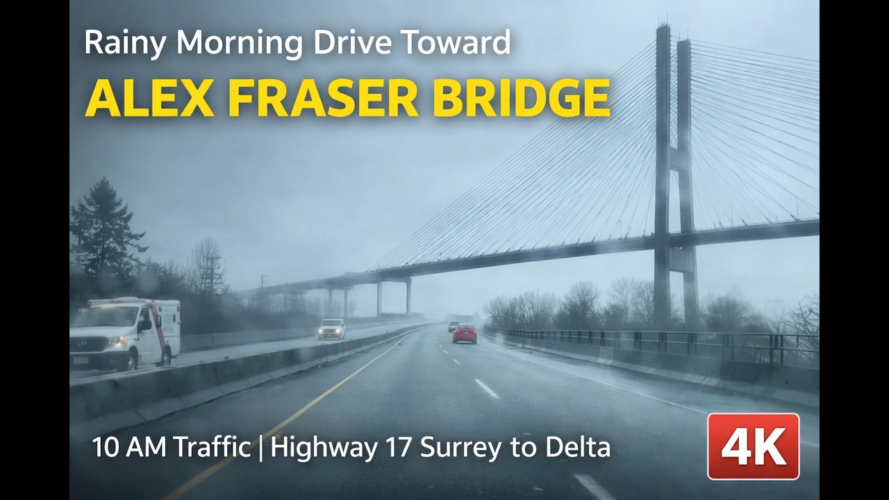 Rainy Morning Drive Toward Alex Fraser Bridge 10 AM Traffic Highway 17 Surrey to Delta Real-Time 4K