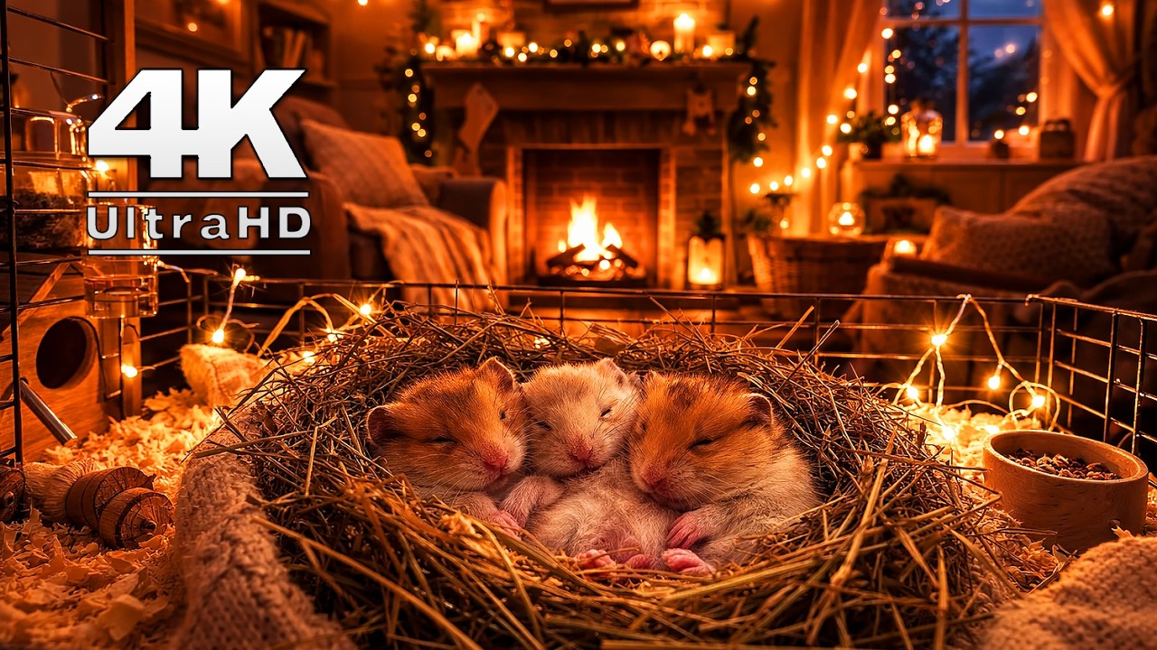 4K Cozy Hamsters Sleeping 🔥 8 Hours of Relaxing Fire Sounds | Log Fire Ambience for Sleep & Study