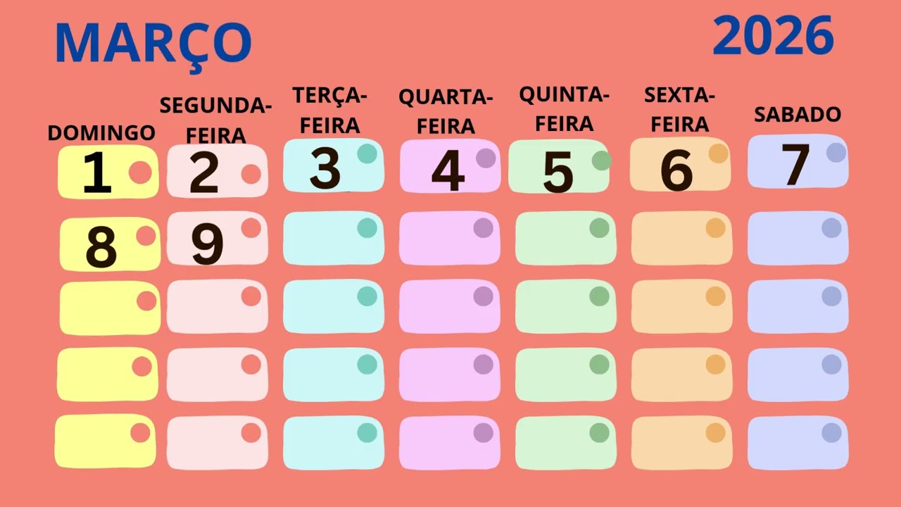 CALENDÁRIO DE MARÇO DE 2026/ DIAS DA SEMANA.