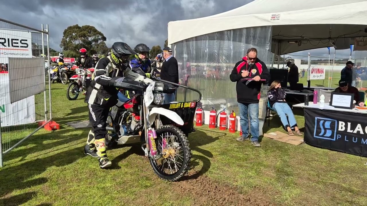 Motorbikes and sidecars 30-33 heading off at the Hardi 24 Hour Trial centenary, Kapunda, Australia