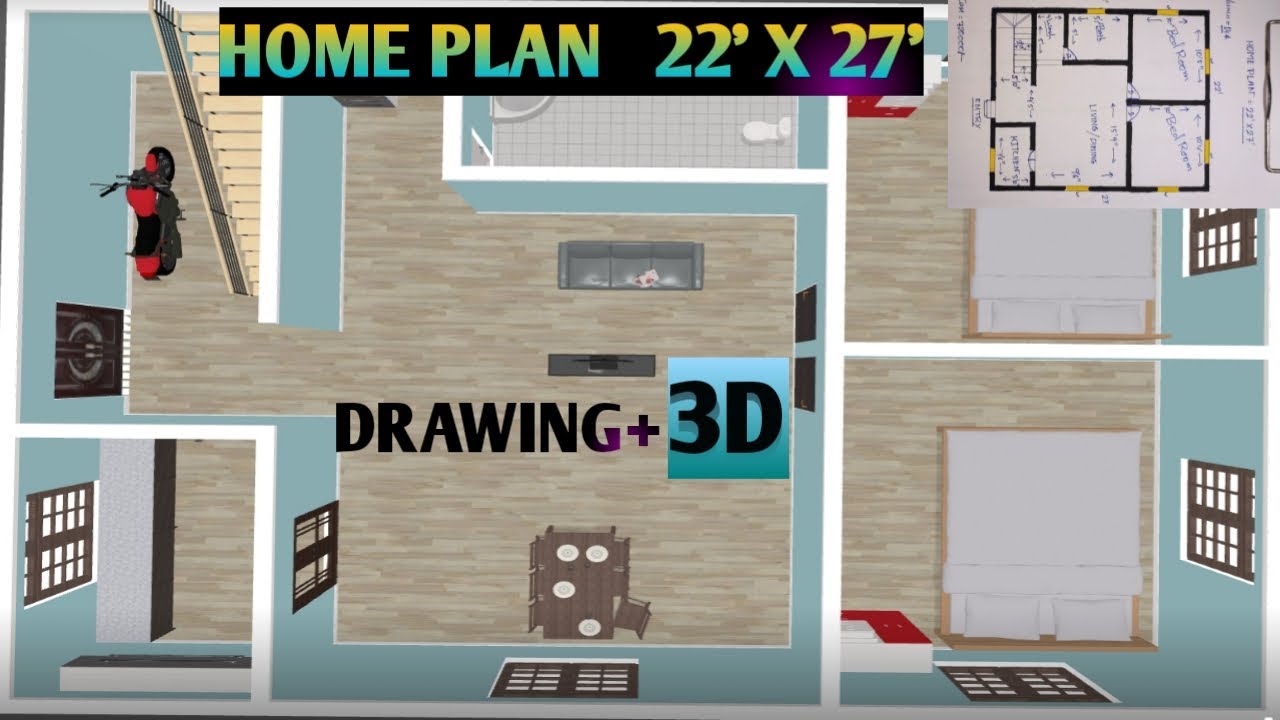 22x27 HOME PLAN 3D//HOUSE DESIGN 2BEDROOM//BEST GHAR MAKAN NAKSHA