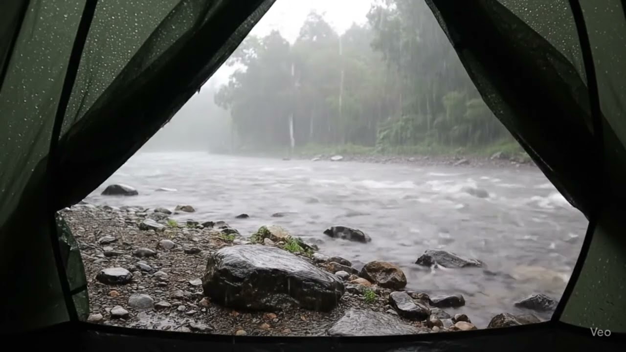 Relaxing Rainstorm in a Tent Near the River | Sleep Ambience