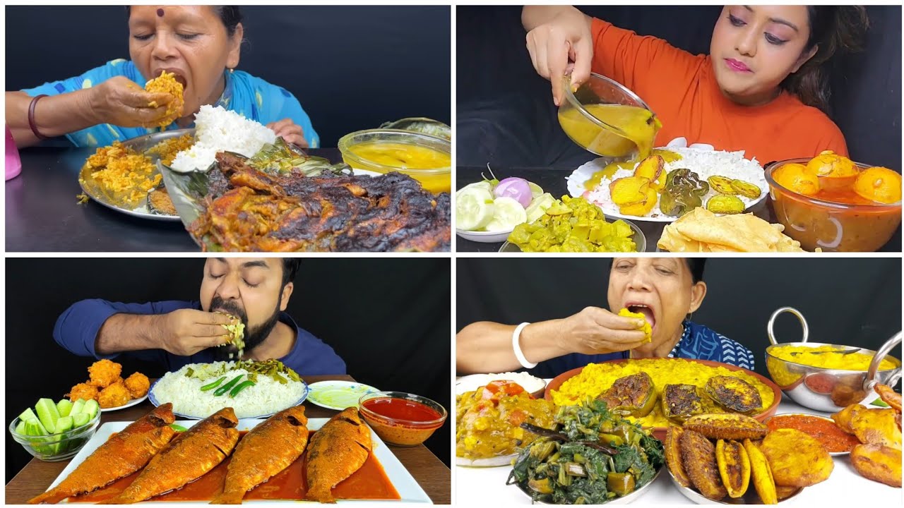 Asmr 🔥Eating Whole Hilsa Fish Curry, Jhinger Posto, Bele Macher Patai, Vaja, Dal , Rice & khichuri😋