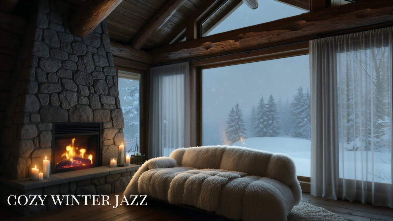 Cozy Winter Cabin Ambience ❄️ Fireplace, Snowfall & Smooth Jazz