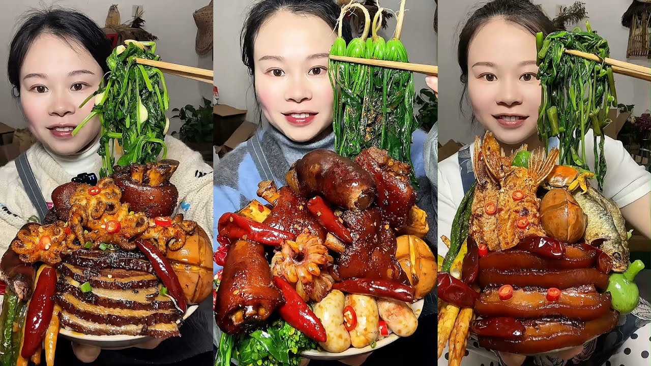 🔥 Homemade Mukbang | Braised Pork, Water Spinach, Eggs & Super Spicy Chili 🌶️ | Super delicious