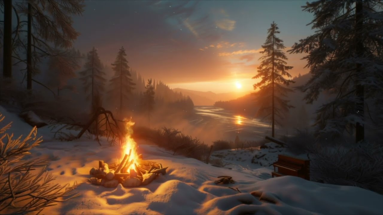 Cozy Sunset Campfire on a Winter Hill 🎹🔥 Relaxing Piano & River Valley Ambience (3 Hours)