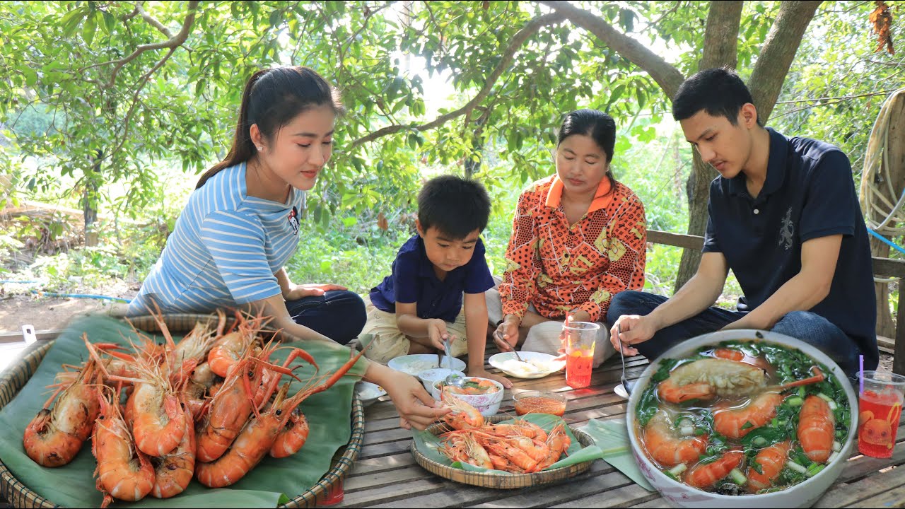 Cook and Eat : Grilled river shrimp and river shrimp soup cooking / River shrimp recipes