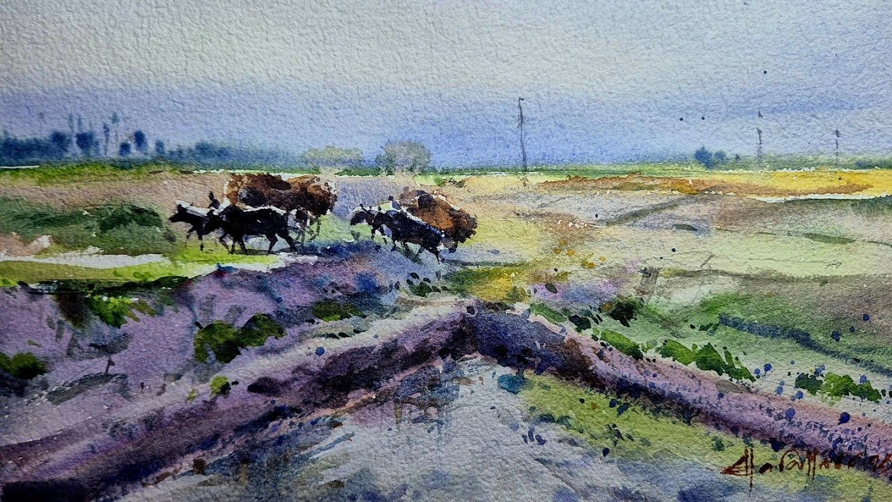 Indian village bullock cart watercolor painting