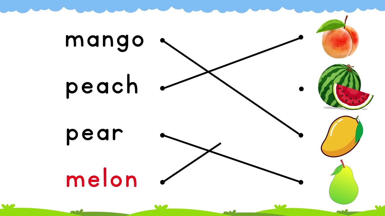 Match 4 Fruits Spellings 🥭🍐🍑🍈 | Mango Peach Pear Melon Matching for Kids