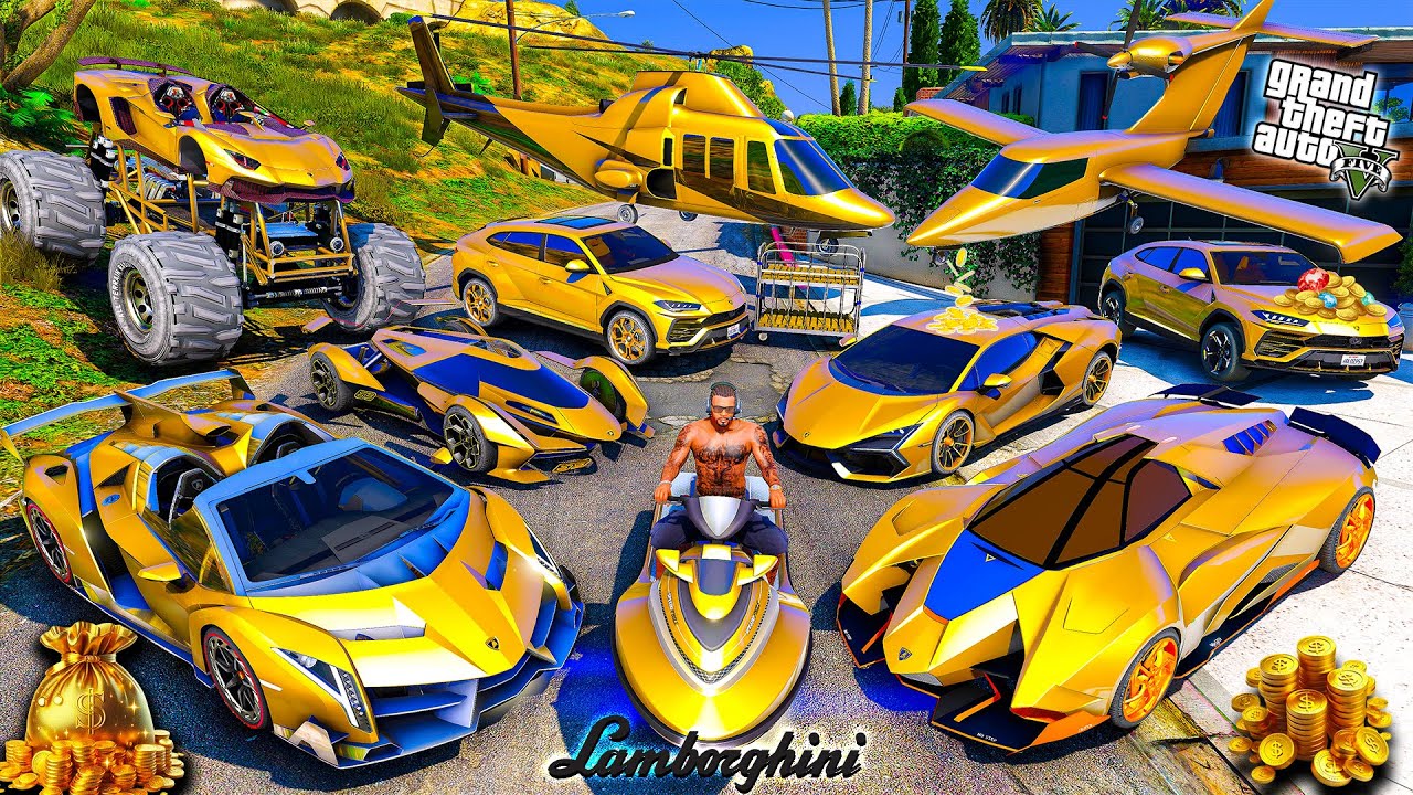 GTA 5 - Stealing SUPER LAMBORGHINI GOLD CARS with Franklin! | (GTA V Real Life Cars #300)