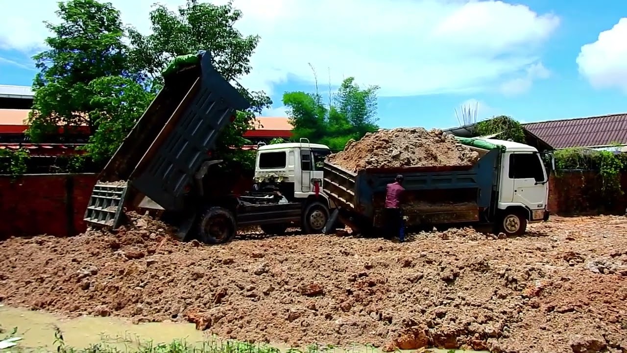 Pease be careful driver dump truck RED Dump Truck Spreading, Grading