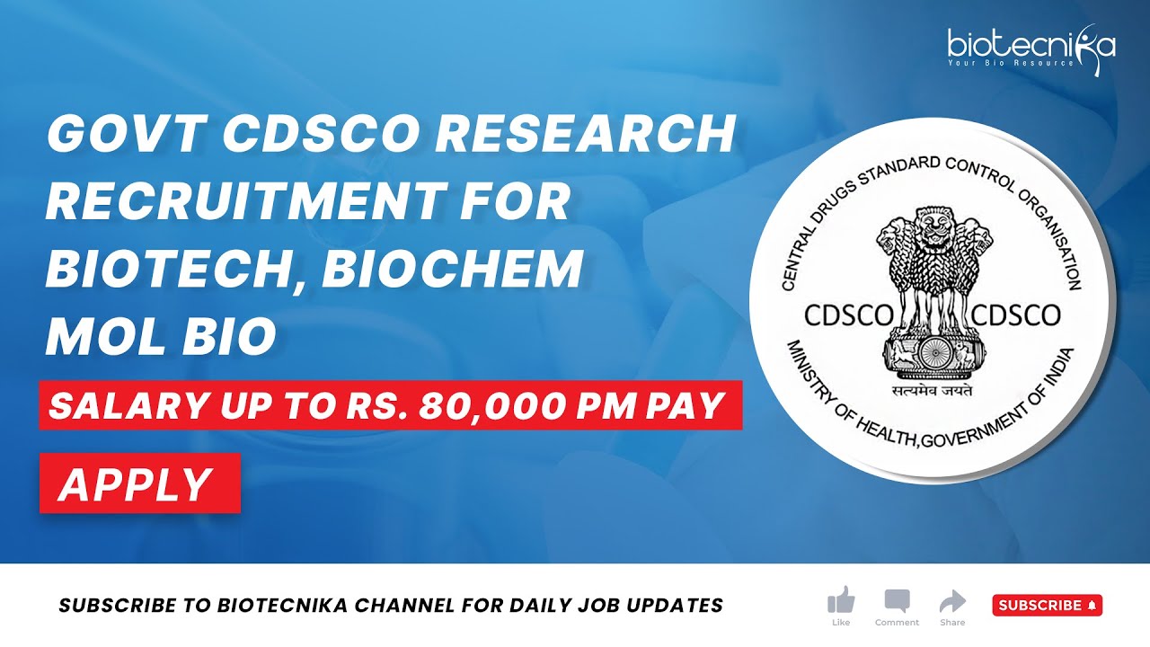 Govt CDSCO Research Recruitment With Up to Rs. 80,000 pm Salary - Check Eligibility and Apply Now