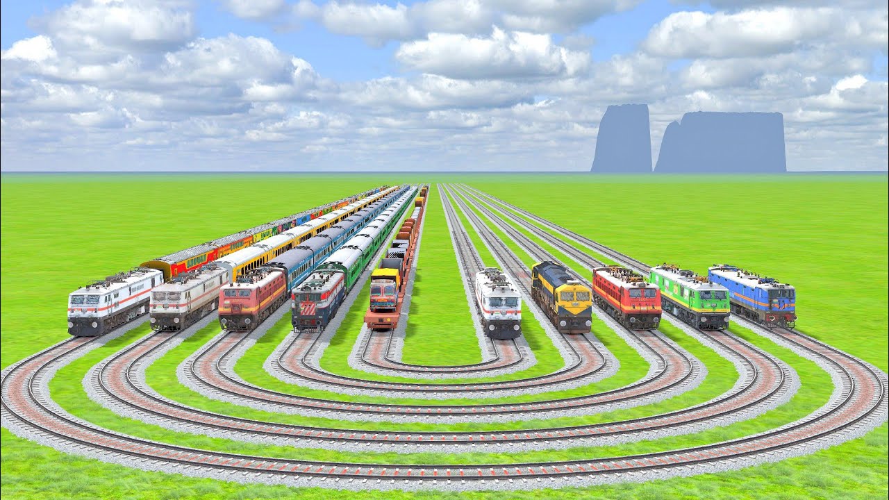 PARALLEL CROSSING OF TEN TRAINS WITH RICKY CROSSING WAP7 WAP9 LOCOMOTIVE AND BUMPY CROSSING |Train|