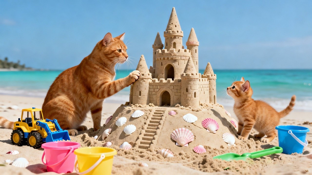 🐱 Mama Cat Fixes Excavator Toy & Builds Sandcastle with Kitten! 🏖️✨