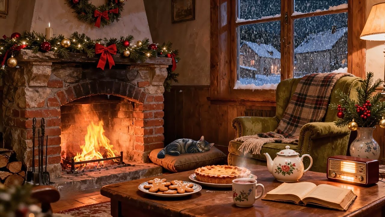 Cozy 1950s Winter Evening ❄️ Oldies Playing in Another Room | Vintage Fireplace