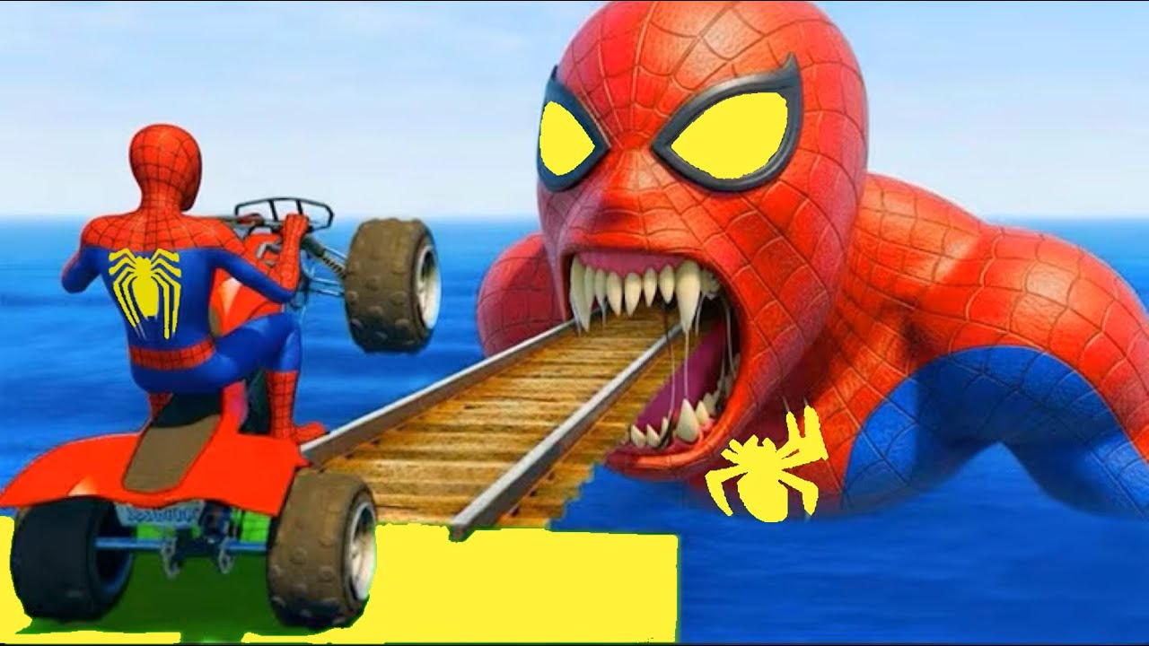 سبايدر مان اصعب دراجة نارية فوق اسماك القرش - Superheroes Ride on Motorcycle Stunt Funny Moments??