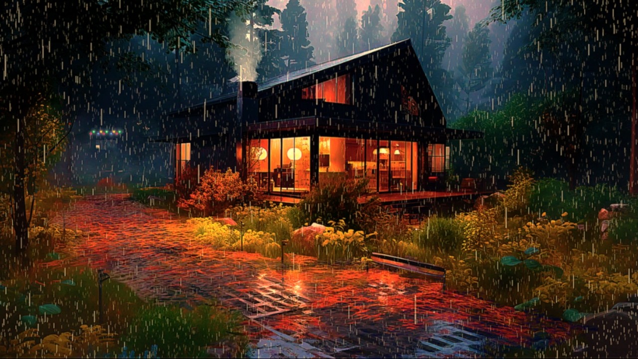 Modern Cabin in Forest Rain – 12 Hours of Foggy Misty Night Ambience