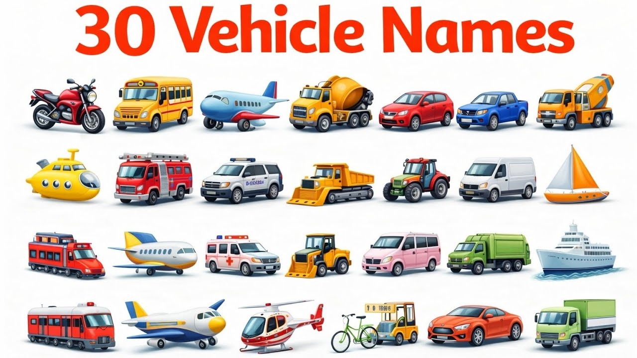 30 Vehicle Names for Kids 🚗🚜 | Transport Names with Pictures | Preschool Learning #vehicles