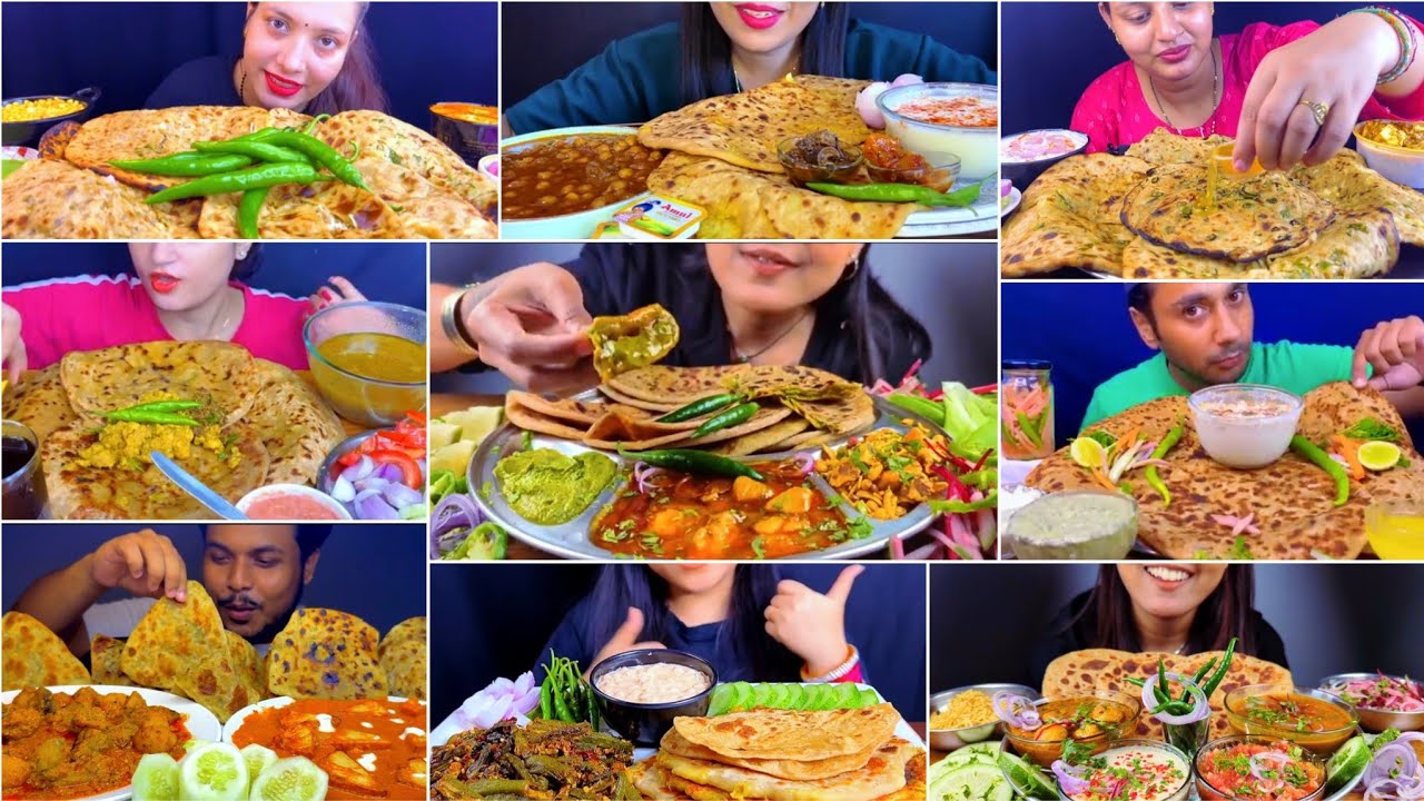 Asmr Eating🔥 Aloo Paratha Muli Paratha Paneer Paratha with Raita🌶 Green Chatni 🔥Tomato Sauce Chilli 