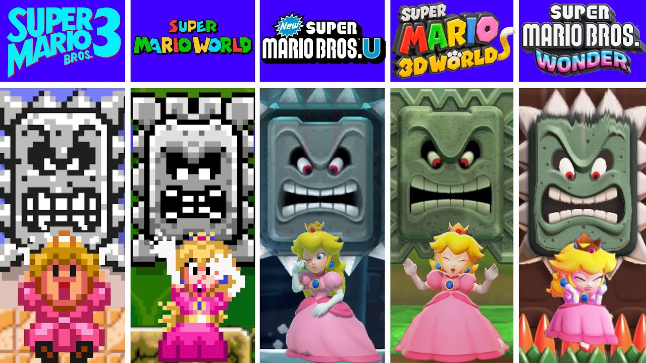 Evolution of Princess Peach Dying Crushed by Thwomps in Super Mario Games Fan Mod Games (1988-2024)