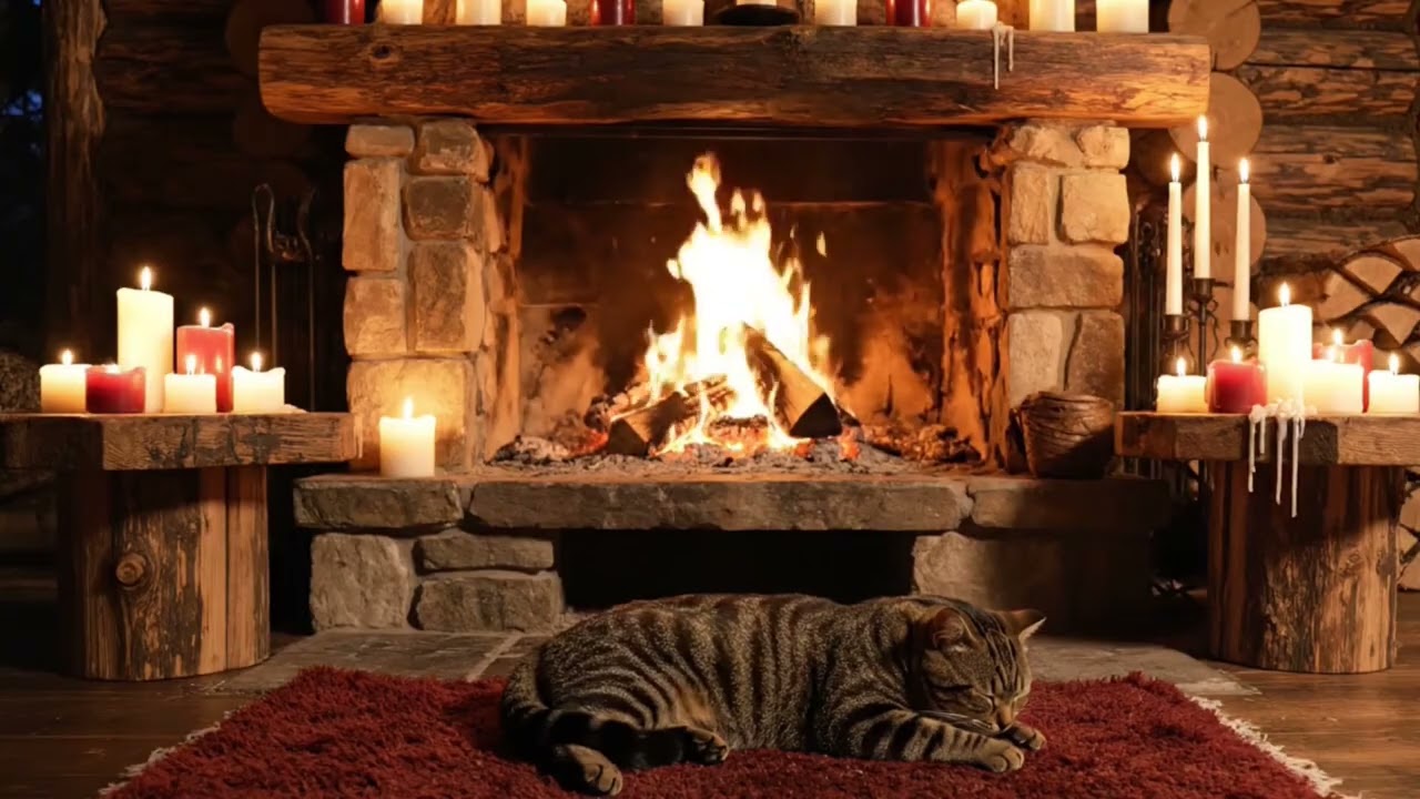 Cat & Fireplace 🐱🔥 Cozy Fire Sounds and Gentle Purring For Meditation And Relaxation (No Ads)