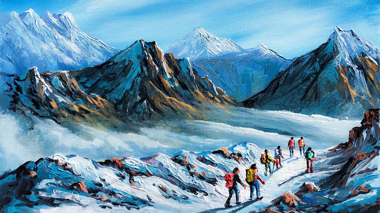 Snowy Mountain Trekkers Acrylic Landscape Painting Tutorial | How to Snowy Painting Step by Step