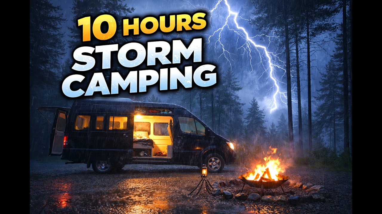 Stormy Night Camping in Van | Heavy Rain, Thunder and Campfire Ambience (10 Hours)