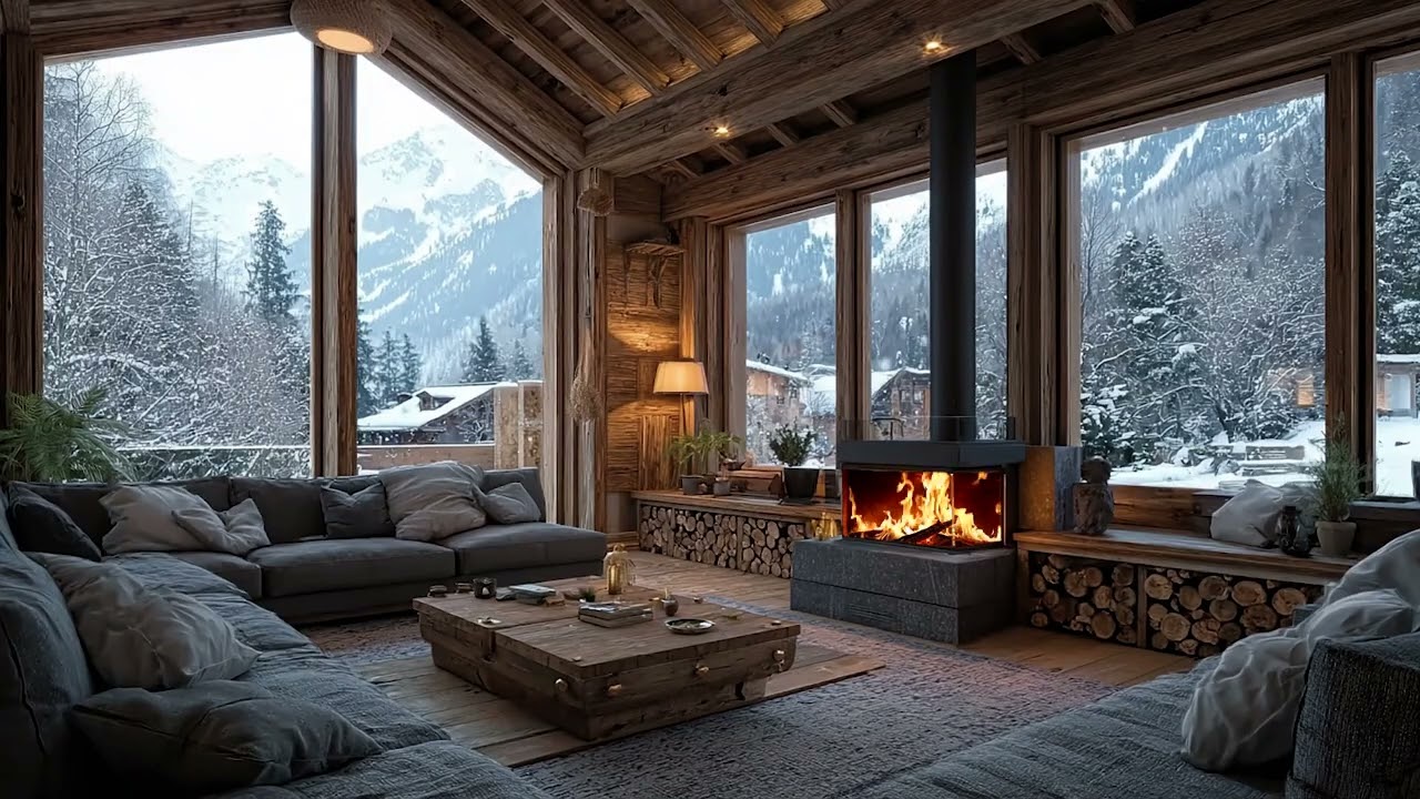 Winter Cabin Ambience with Relaxing Snowstorm & Crackling Fire Sounds for Sleep and Stress Relief