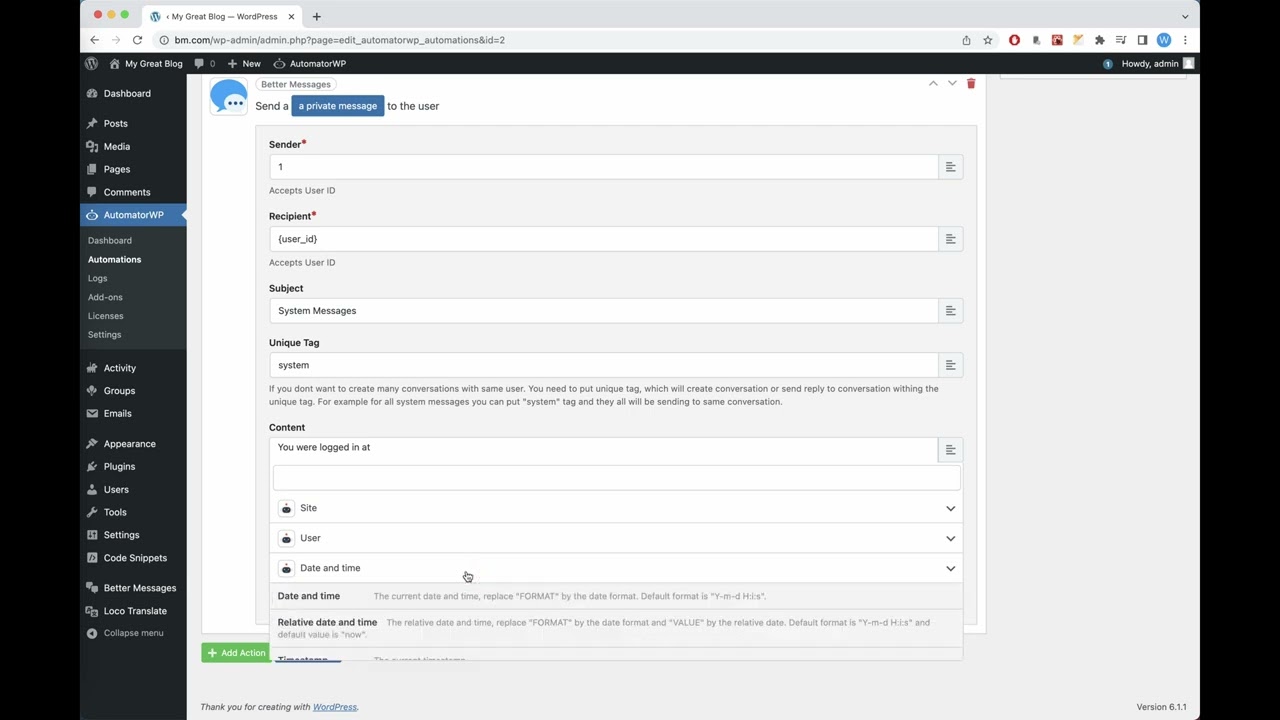 Better Messages - AutomatorWP Send Message