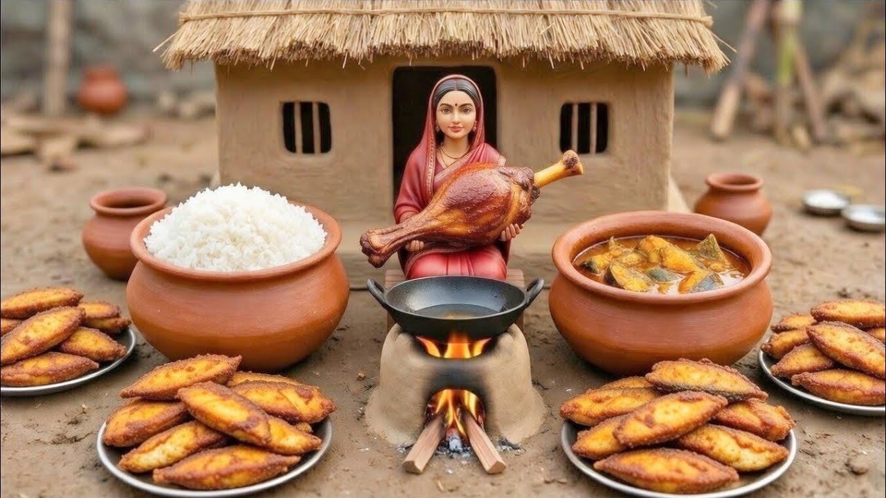 Tiny Doll Village Life in a Clay Mud House  Morning Outdoor Cooking & Rural Couple Routine Miniature