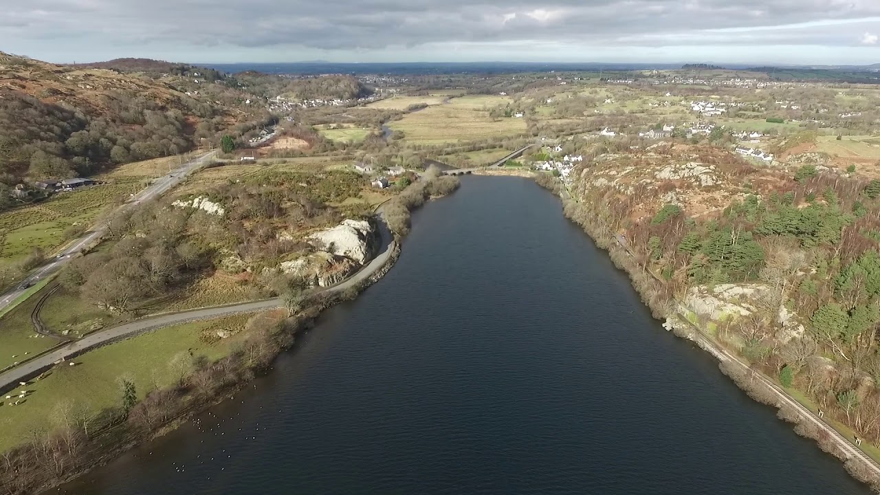 Drone flight over Llyn Padarn lake llanberis