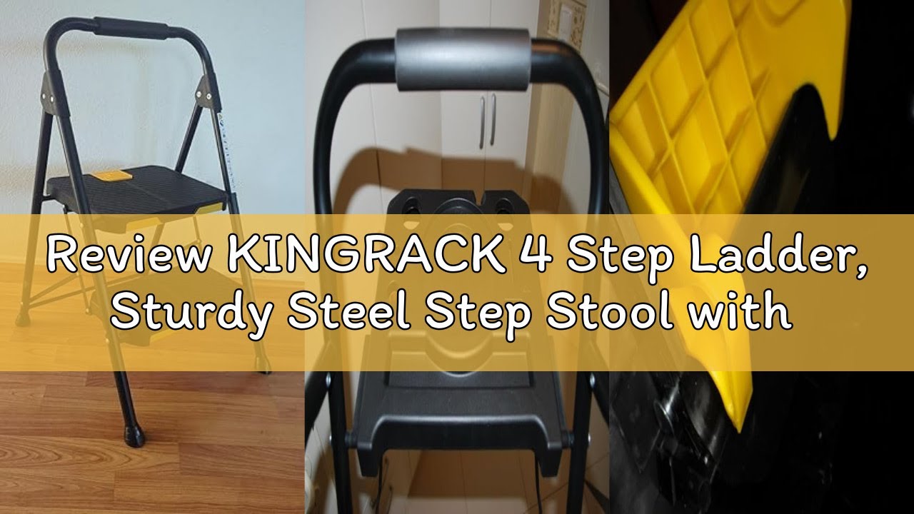 Review KINGRACK 4 Step Ladder, Sturdy Steel Step Stool with Safe-Lock Design, Handrail, Anti-Slip Wi