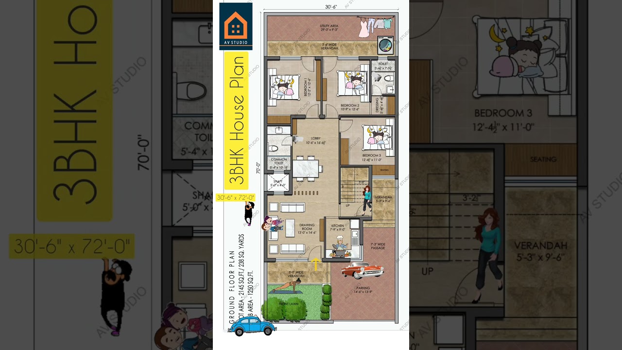 3BHK House Plan in 30x70 Feet Plot Size #shorts #housedesign