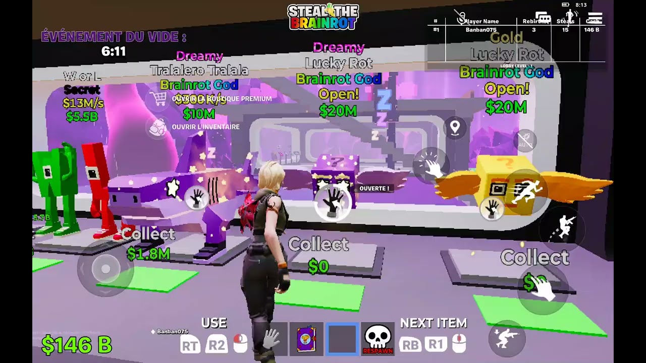Pack opening de lucky blocs sur steal the brainrot fornite 